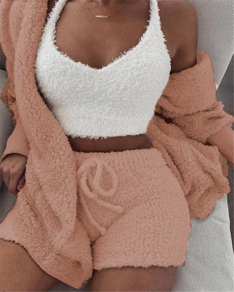 3-Piece Women's Long Sleeve Crop Top & Drawstring Shorts Pajama Set - Comfortable Sleepwear