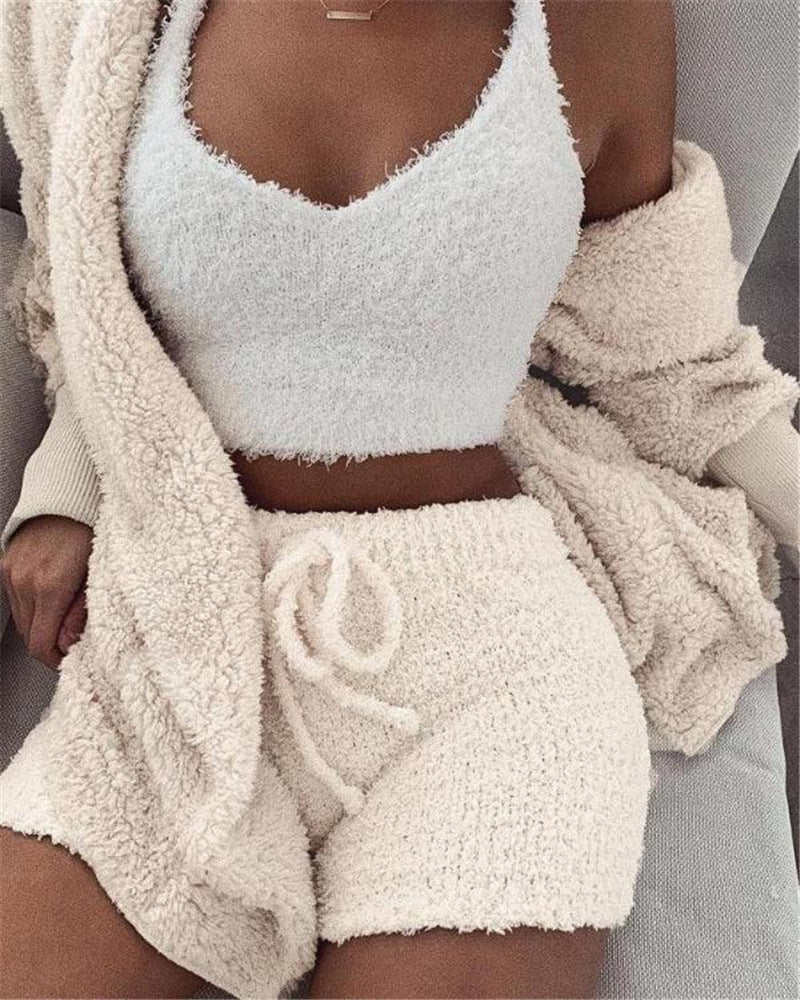 3-Piece Women's Long Sleeve Crop Top & Drawstring Shorts Pajama Set - Comfortable Sleepwear