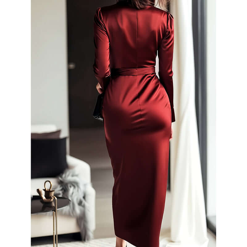 Women's Burgundy Satin Midi Dress Elegant V-Neck