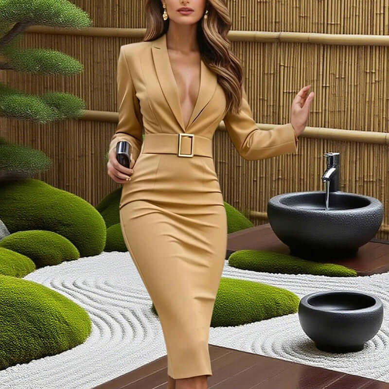 Women's Solid Color Blazer V-Neck Dress With Belt & Hem