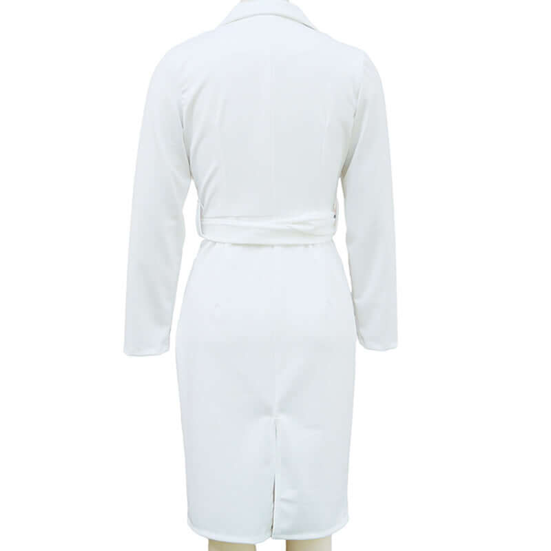 Women's Solid Color Blazer V-Neck Dress With Belt & Hem