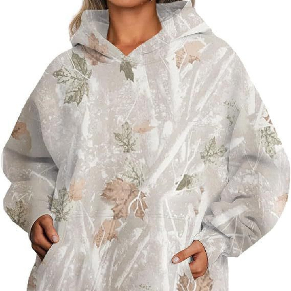 Women's Casual Pocket Top featuring a stylish hood with a nature-inspired leaf print design.