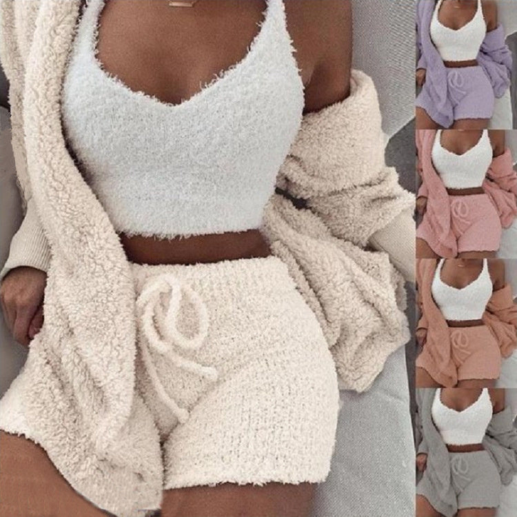 3-Piece Women's Long Sleeve Crop Top & Drawstring Shorts Pajama Set - Comfortable Sleepwear