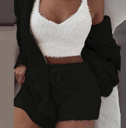 3-Piece Women's Long Sleeve Crop Top & Drawstring Shorts Pajama Set - Comfortable Sleepwear