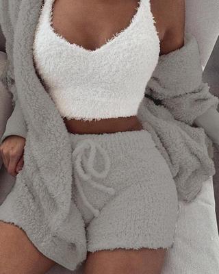 3-Piece Women's Long Sleeve Crop Top & Drawstring Shorts Pajama Set - Comfortable Sleepwear