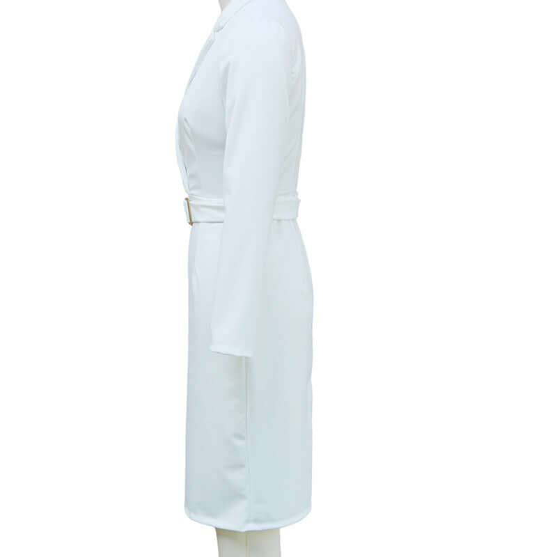 Women's Solid Color Blazer V-Neck Dress With Belt & Hem