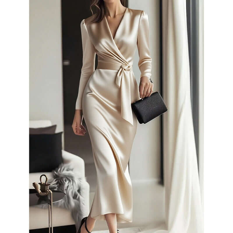Women's Burgundy Satin Midi Dress Elegant V-Neck 