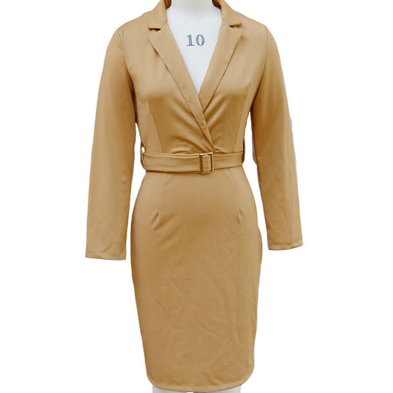 Women's Solid Color Blazer V-Neck Dress With Belt & Hem