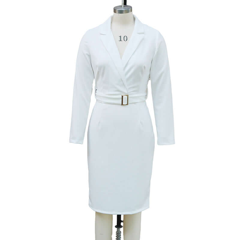 Women's Solid Color Blazer V-Neck Dress With Belt & Hem